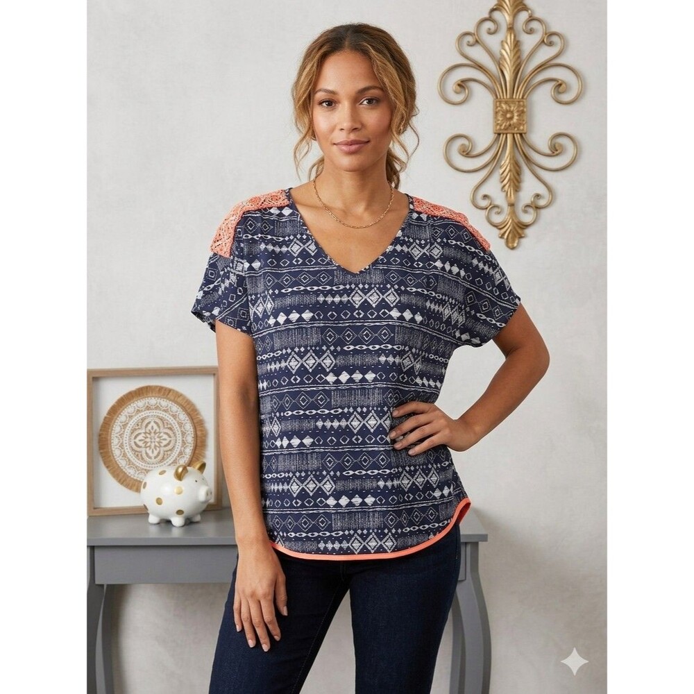 MissMe Top Womens Chic Navy & Coral Geometric Print V-Neck Lace Shoulder Size L
